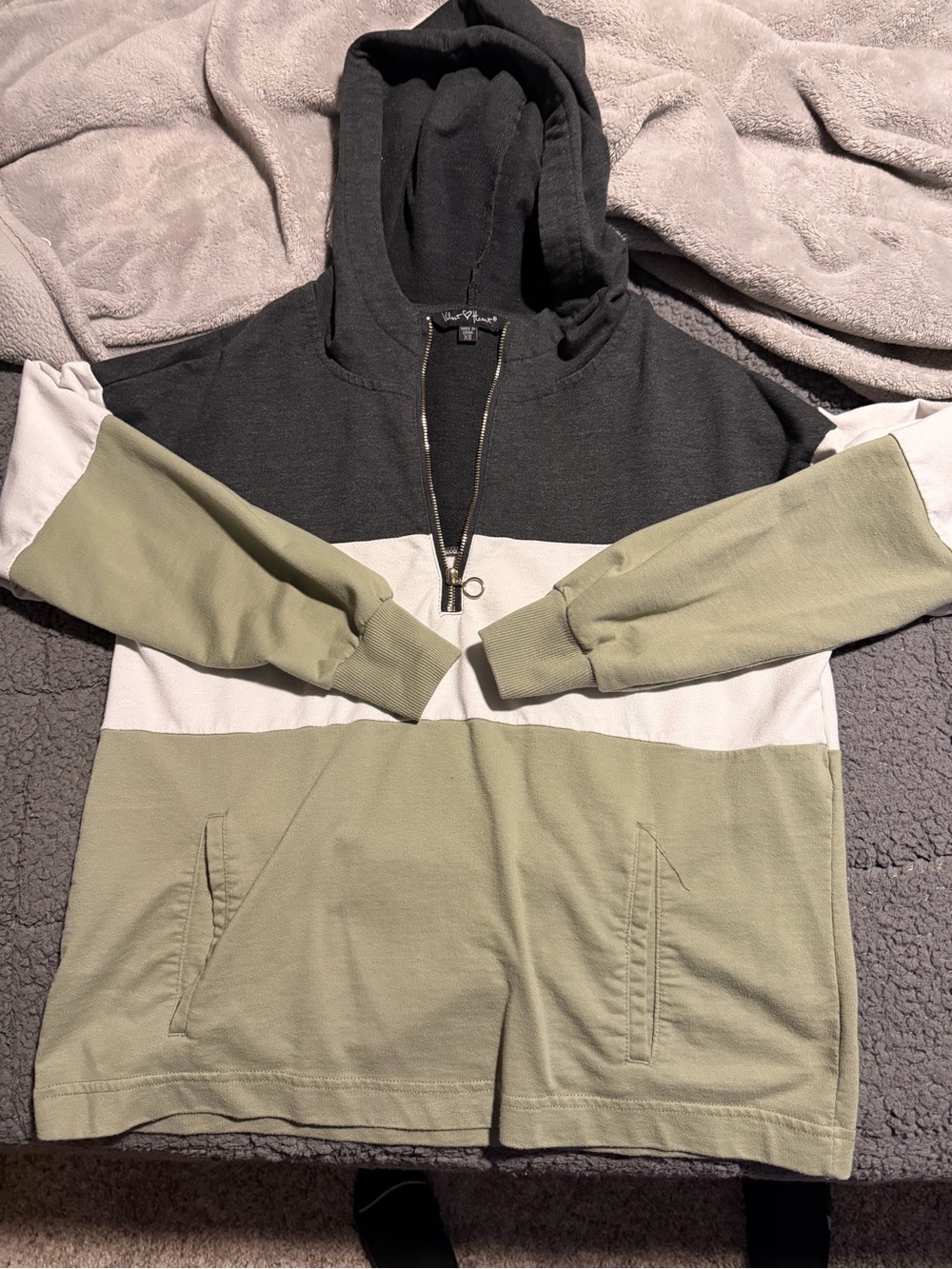 Velvet Heart Olive, White & Charcoal Colorblock Half‑Zip Hoodie